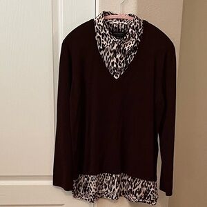 Investments vneck long sleeve sweater with animal print accents